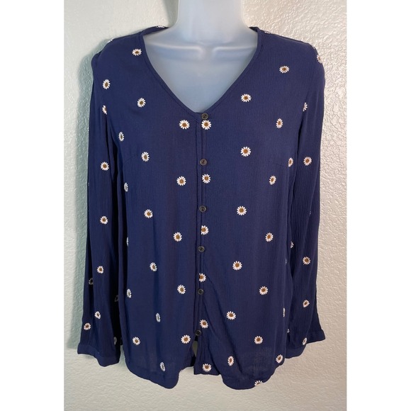 Denim & Co. Tops - Denim & Company Womens XS Blouse Navy Blue Embroidered Daisy Button Front Top